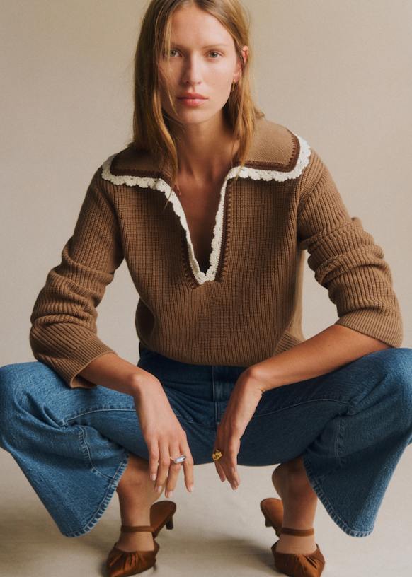 SEZANE Ivan Camel Örgü Detaylı Kazak - S beden